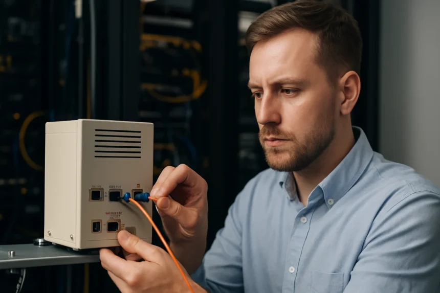 Szakember optikai kábel csatlakoztatása passzív optikai hálózat eszközéhez.