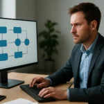 Férfi dolgozik a számítógépnél Frame Relay hálózatok diagramjánál.