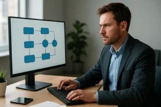 Férfi dolgozik a számítógépnél Frame Relay hálózatok diagramjánál.