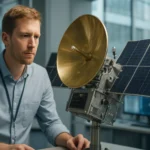 Férfi geostacionárius műhold modellel, űrtechnológiai laborban.