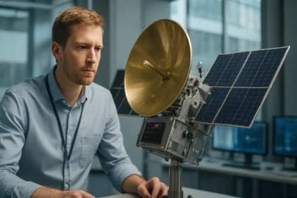 Férfi geostacionárius műhold modellel, űrtechnológiai laborban.