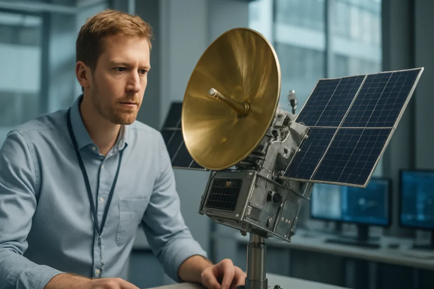 Férfi geostacionárius műhold modellel, űrtechnológiai laborban.