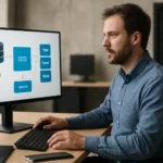 Férfi dolgozik a PowerFlex szoftveresen definiált tárolásról