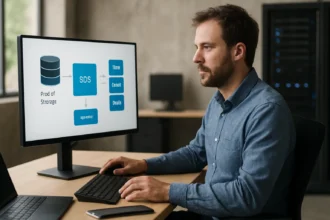 Férfi dolgozik a PowerFlex szoftveresen definiált tárolásról