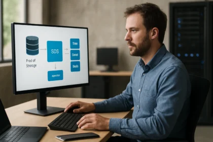 Férfi dolgozik a PowerFlex szoftveresen definiált tárolásról