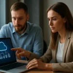 Felhőalkalmazásokat elemző szakemberek a számítógépnél.