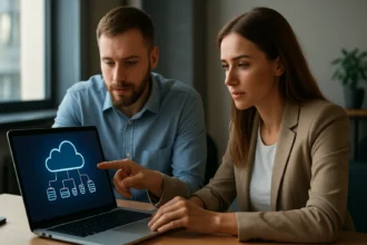 Felhőalkalmazásokat elemző szakemberek a számítógépnél.