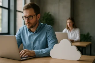 Férfi dolgozik laptopján, háttérben nő, felhőszolgáltatás szimbólum.