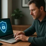 Férfi laptopon dolgozik, a képernyőn egy zárt lakat ikon látható.