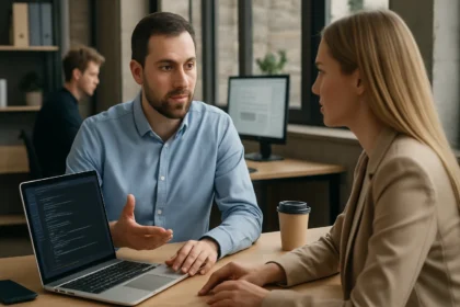 Két kolléga megbeszél egy folyamatot, miközben privát API-ról diskurálnak.