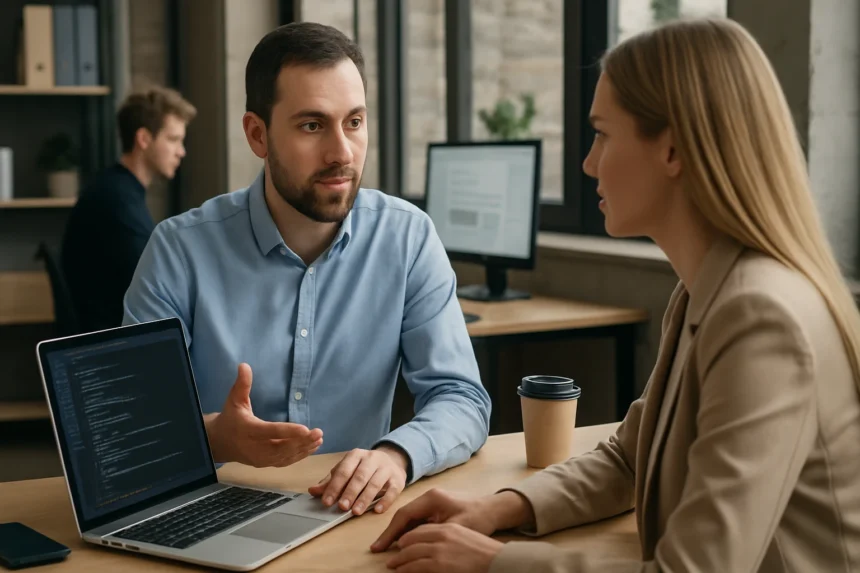 Két kolléga megbeszél egy folyamatot, miközben privát API-ról diskurálnak.