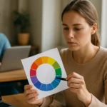 Nő színkör grafikát elemez, HSB színmodell tanulmányozása.