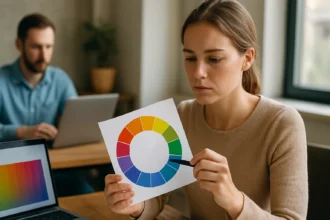 Nő színkör grafikát elemez, HSB színmodell tanulmányozása.