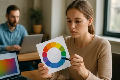 Nő színkör grafikát elemez, HSB színmodell tanulmányozása.