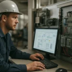 Munkavállaló RTU rendszerrel dolgozik ipari környezetben.