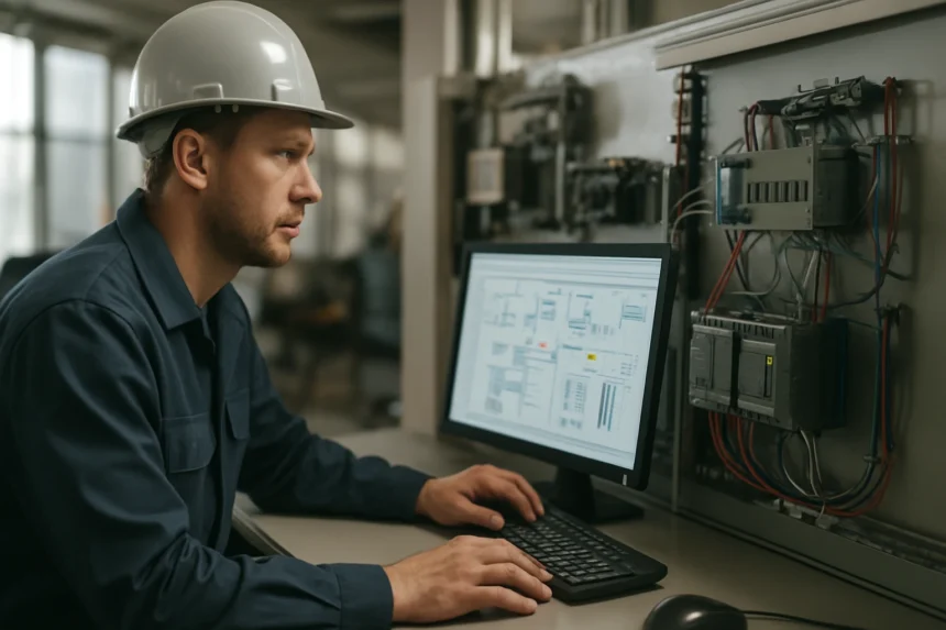 Munkavállaló RTU rendszerrel dolgozik ipari környezetben.