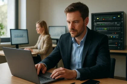 Férfi a számítógépén dolgozik telekommunikációs környezetben