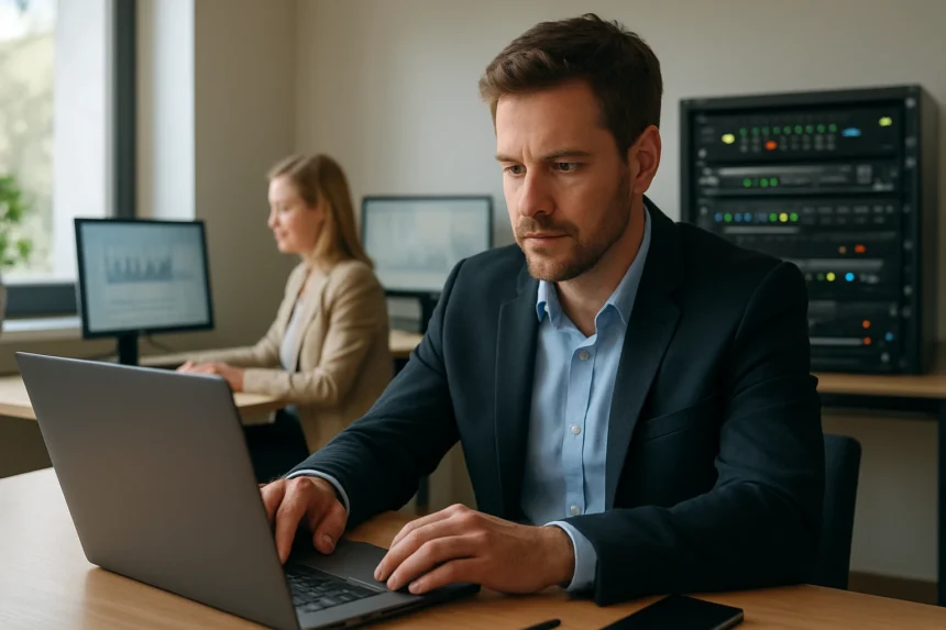 Férfi a számítógépén dolgozik telekommunikációs környezetben