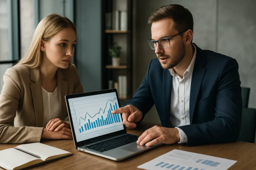 Két üzletember ERP rendszereket áttekintő megbeszélésen ül