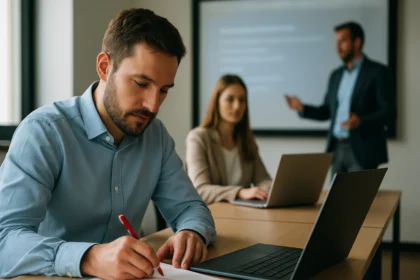 IT szakemberek szakmai továbbképzés közben, laptopokkal és jegyzetelés közben.