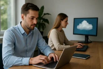 Férfi és nő dolgozik, háttérben felhő alapú tárolás jelképével