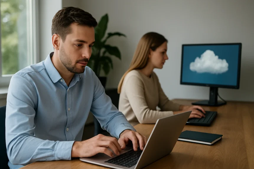 Férfi és nő dolgozik, háttérben felhő alapú tárolás jelképével