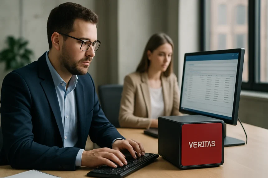 Adatkezelési szakemberek a Veritas NetBackup adatmentési megoldásával dolgoznak.