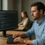 Férfi programozó kereskedelmi szoftvert fejleszt egy számítógépen.