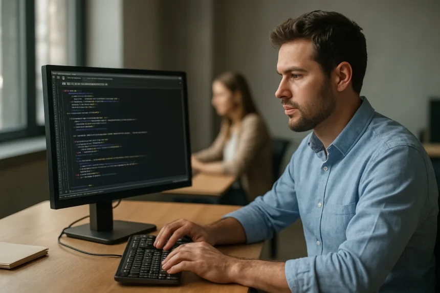 Férfi programozó kereskedelmi szoftvert fejleszt egy számítógépen.