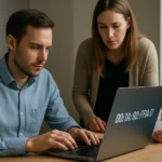 Két ember laptopnál, MAC cím információval.