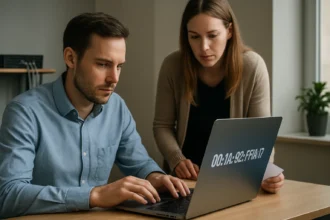 Két ember laptopnál, MAC cím információval.