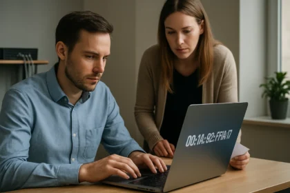 Két ember laptopnál, MAC cím információval.