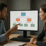 Két ember egy döntési fával foglalkozik számítógépen.