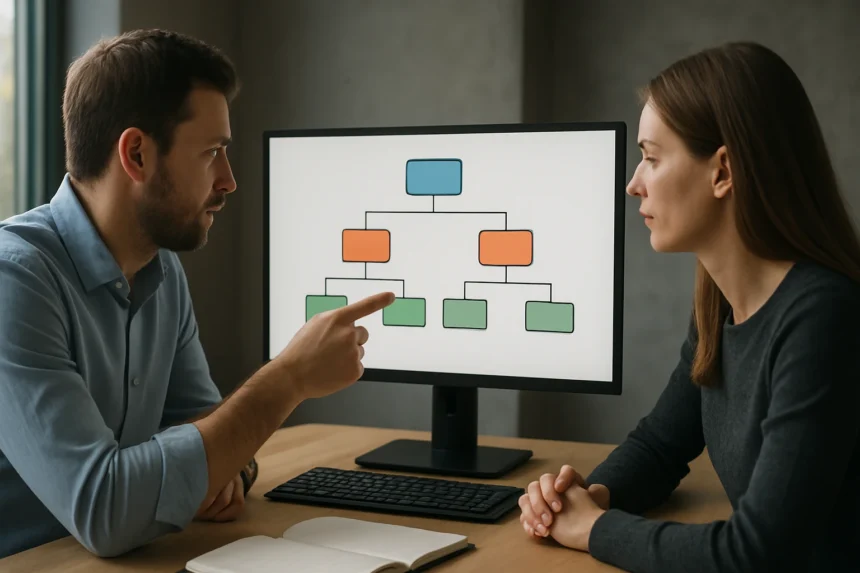 Két ember egy döntési fával foglalkozik számítógépen.