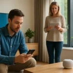 Modern okos eszközök használata a lakásban, kölcsönhatásban.