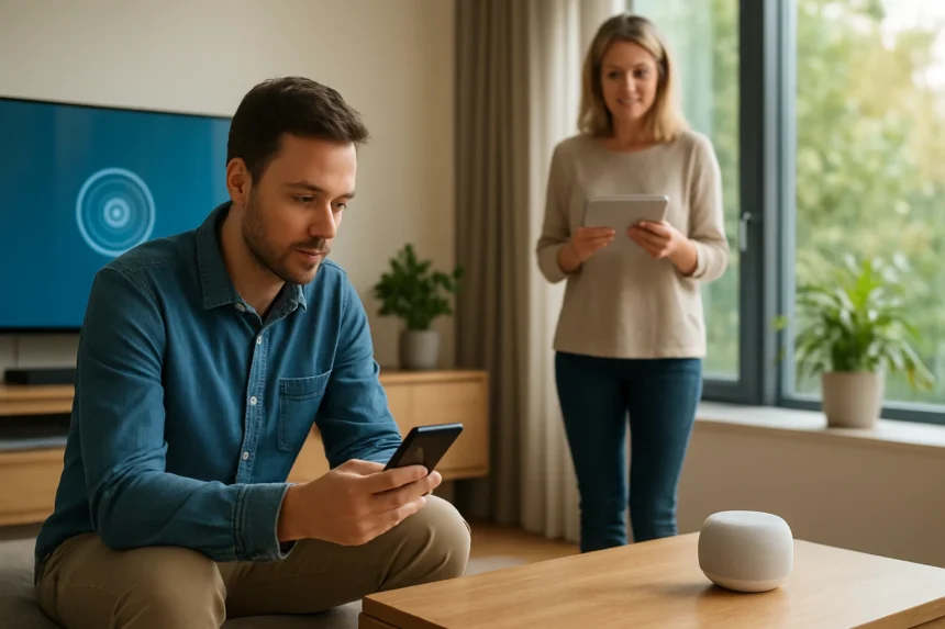 Modern okos eszközök használata a lakásban, kölcsönhatásban.