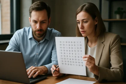 Két szakember hibaellenőrzést végez a számítástechnikában
