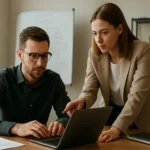 Két szakember együtt dolgozik az IT működési modell fejlesztésén.