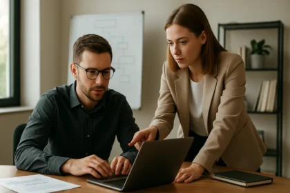 Két szakember együtt dolgozik az IT működési modell fejlesztésén.
