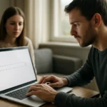 Férfi laptopon keresőkifejezést használ az online világban.