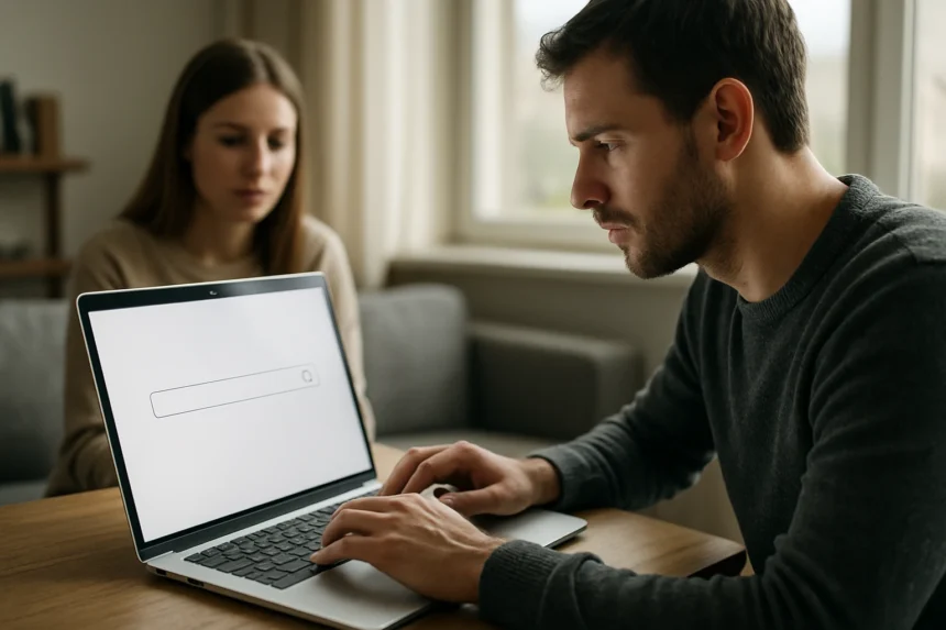 Férfi laptopon keresőkifejezést használ az online világban.