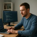 Fejlesztő kódol a számítógépén localhost használatával.