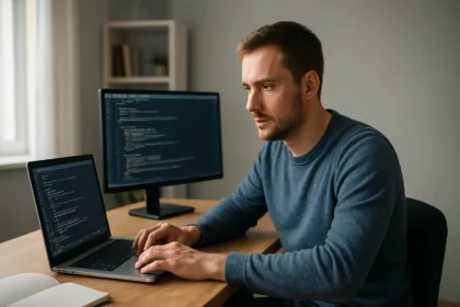 Fejlesztő kódol a számítógépén localhost használatával.