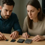 Két ember különböző SSD formátumokat vizsgál egy asztalon.