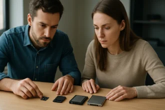 Két ember különböző SSD formátumokat vizsgál egy asztalon.