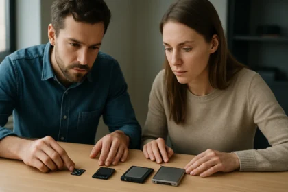 Két ember különböző SSD formátumokat vizsgál egy asztalon.