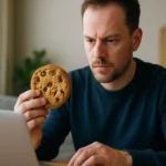 Férfi süti (cookie) vizsgálata laptop előtt, adatvédelem kontextusában.