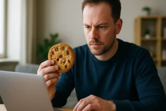 Férfi süti (cookie) vizsgálata laptop előtt, adatvédelem kontextusában.