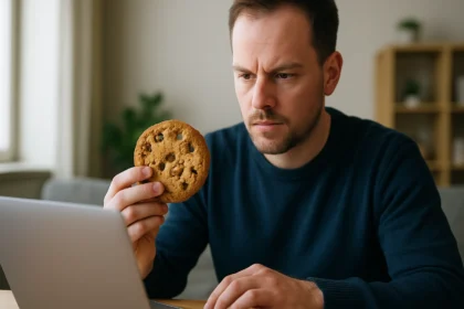Férfi süti (cookie) vizsgálata laptop előtt, adatvédelem kontextusában.