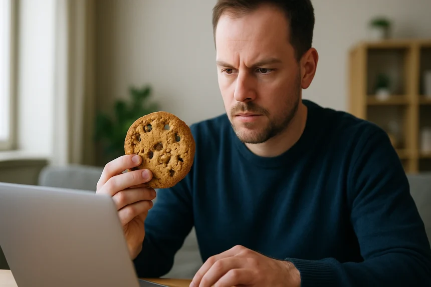 Férfi süti (cookie) vizsgálata laptop előtt, adatvédelem kontextusában.